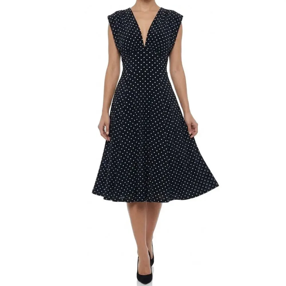 Norma Kamali Polka Dot Swing Dress Black White V-Neck Midi Flared A-Line Size L - Picture 1 of 12